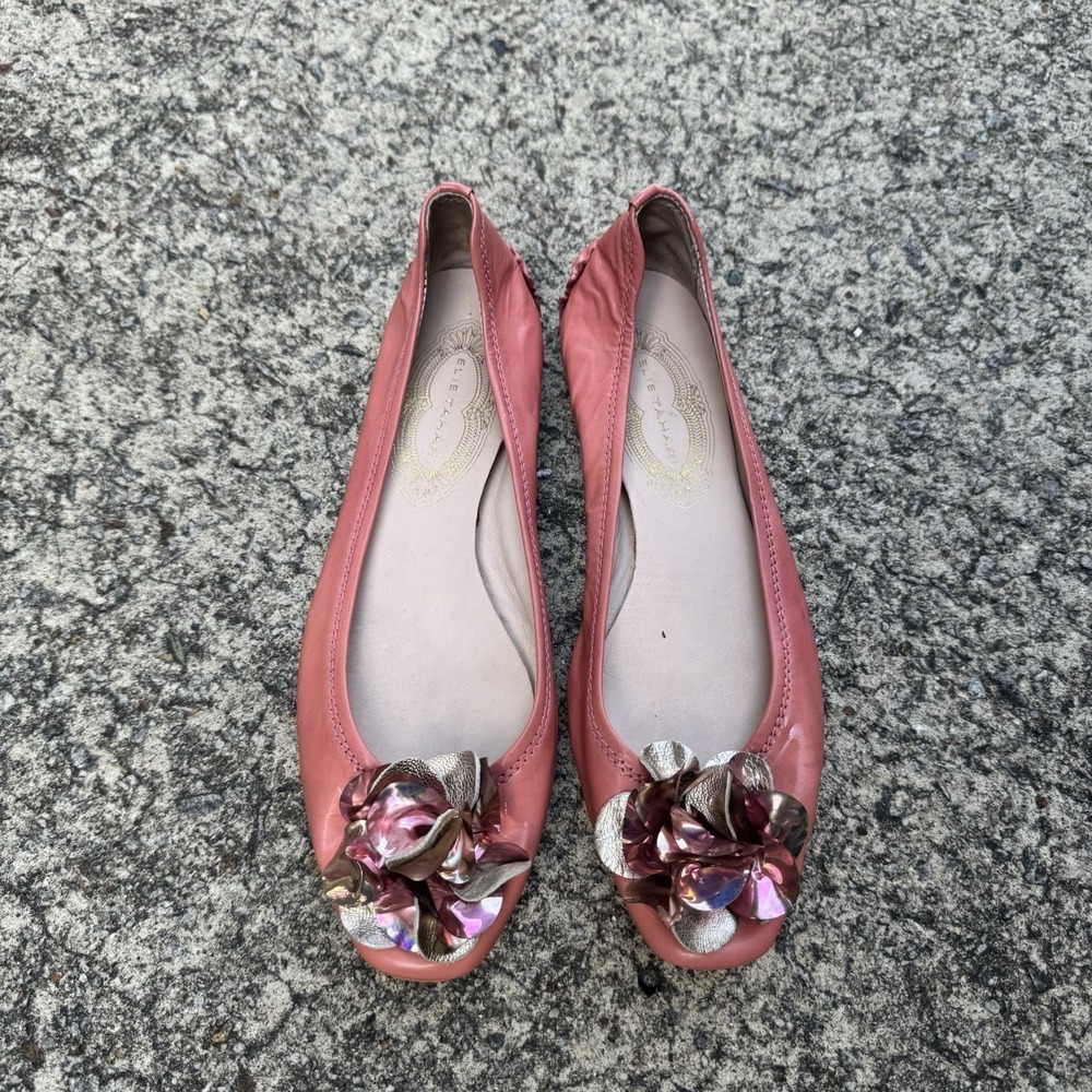 Elie Tahari Ballet Flats Womens 7 (EU 37.5) Pink Patent Leather Metallic Rosette - Picture 2 of 11